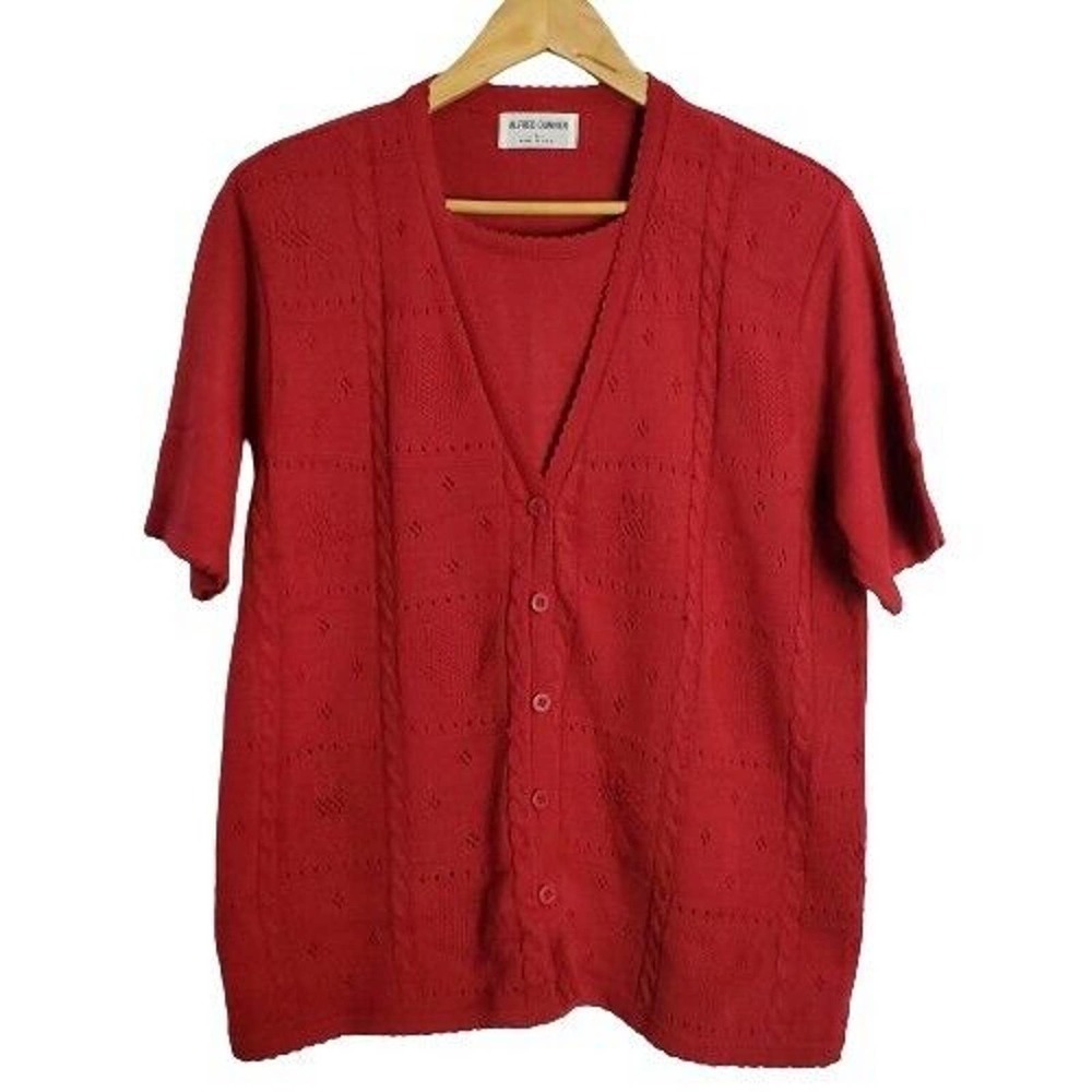 Alfred Dunner Vintage 90's Red Knit Short Sleeve Sweater Mock Cardigan Large